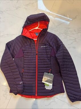Eddie Bauer Women's Quilted Hooded Jacket in Plum with Red Trim
